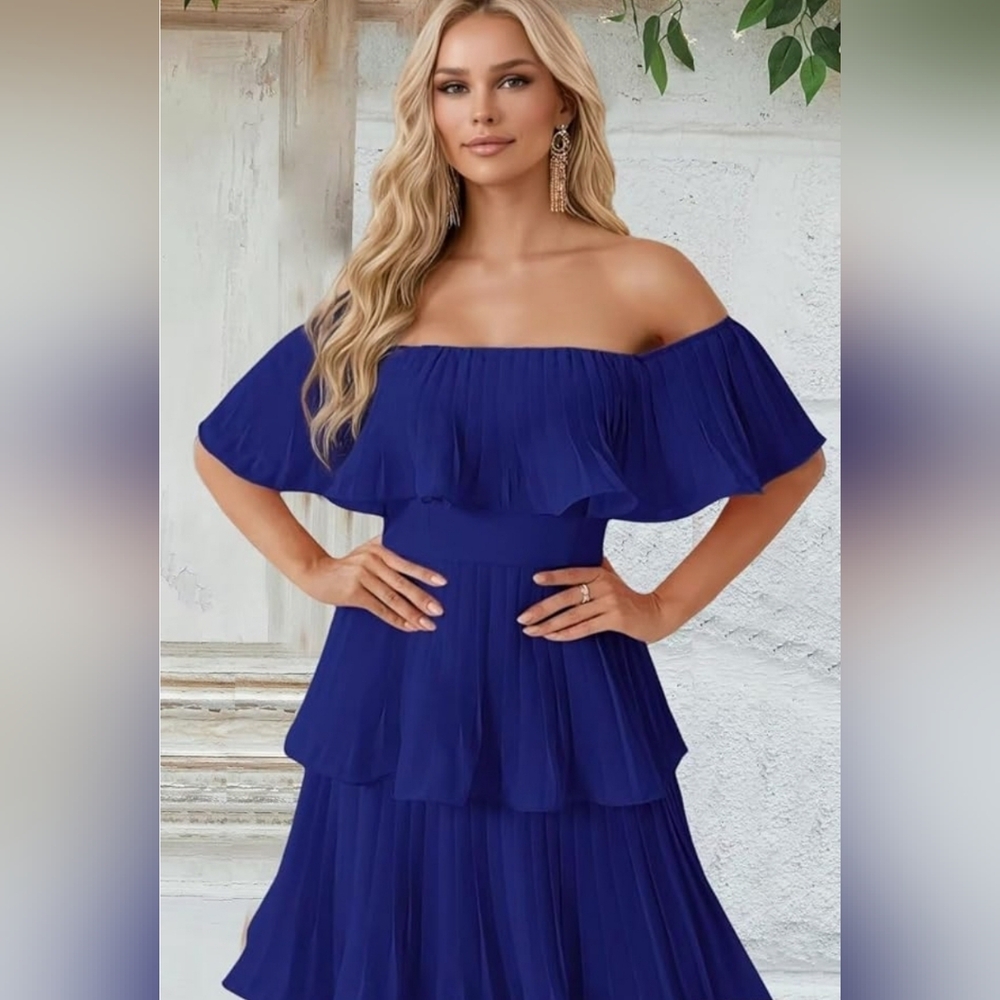 NWT MEXMY Elegant Navy Tiered Ruffled Chiffon Dress Size 16 - Picture 9 of 11